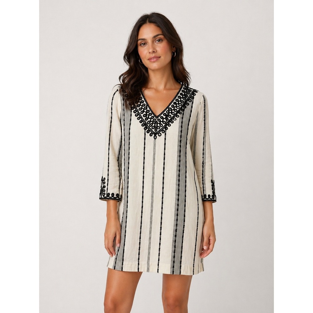 Soft Surroundings Striped Embroidered Sequin Tunic Dress Cream Black Small 844